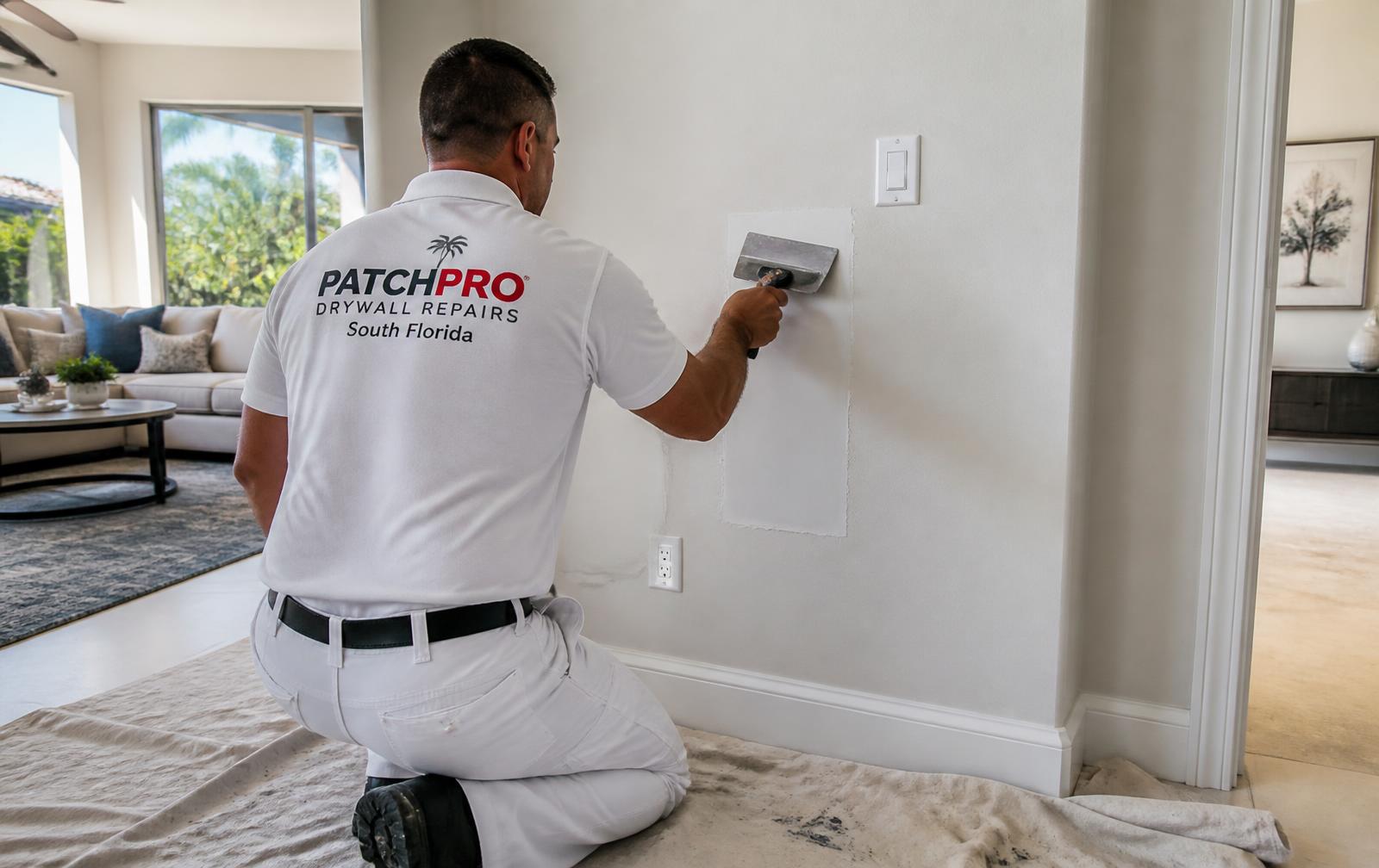 Dr. Handyman Service technician smoothing joint compound over a drywall patch in a bright Broward living room