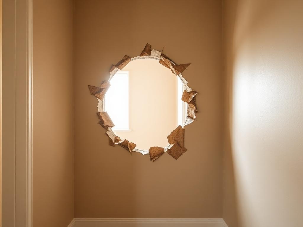 Torn hole in a tan hallway drywall wall before repair