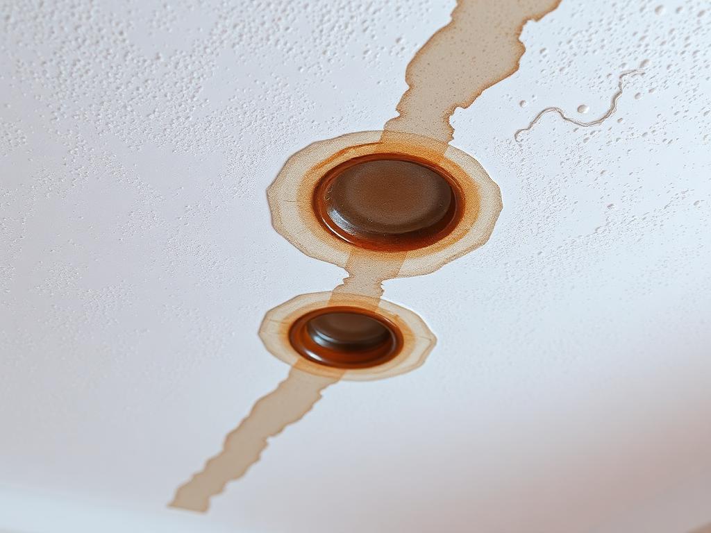 Brown water stains and rings on a textured white ceiling before repair