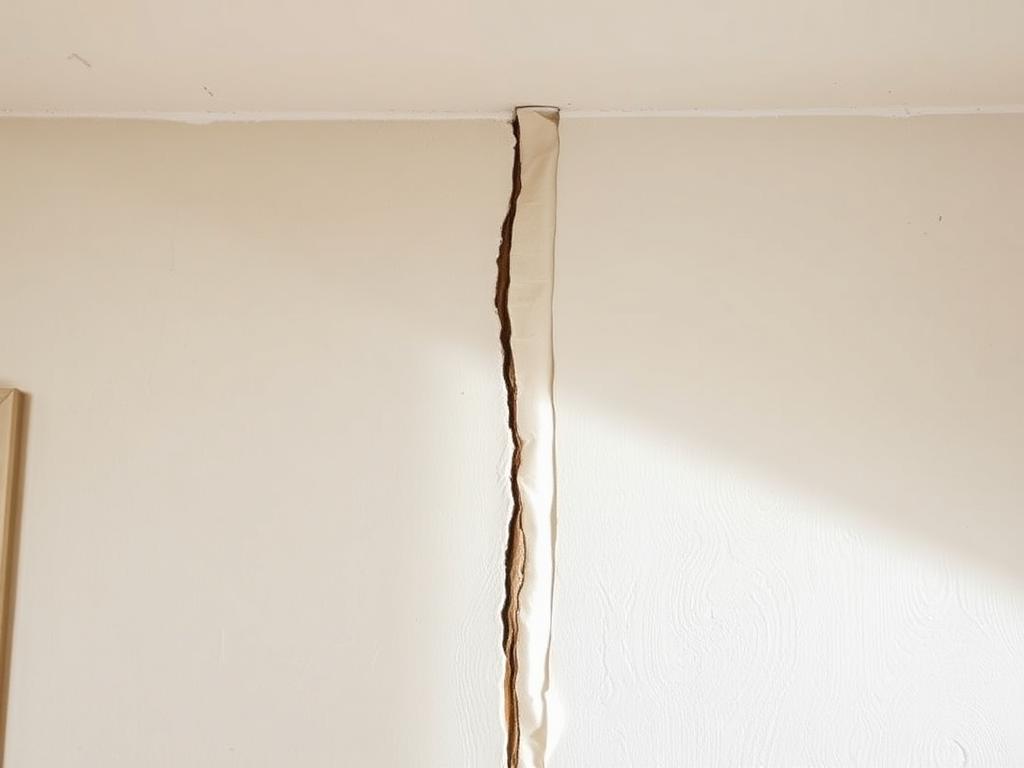 Long vertical crack with lifting joint tape on an interior wall seam