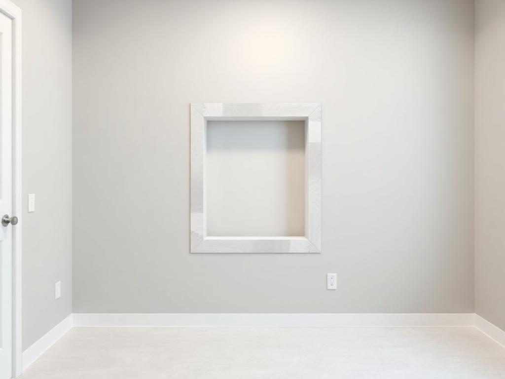 Wall with the drywall access opening closed, finished smooth, and painted gray