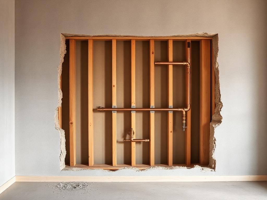 Open rectangular drywall cut exposing wood studs and copper water pipes